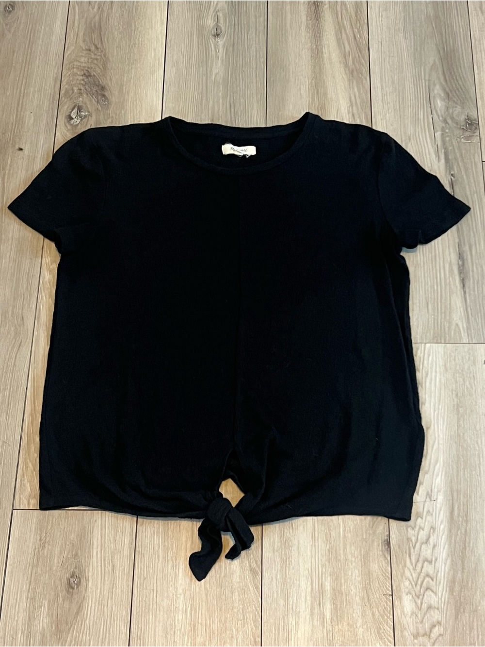 Madewell Black Short Sleeve Shirt Textured Tie Front Cotton Crew Womens small